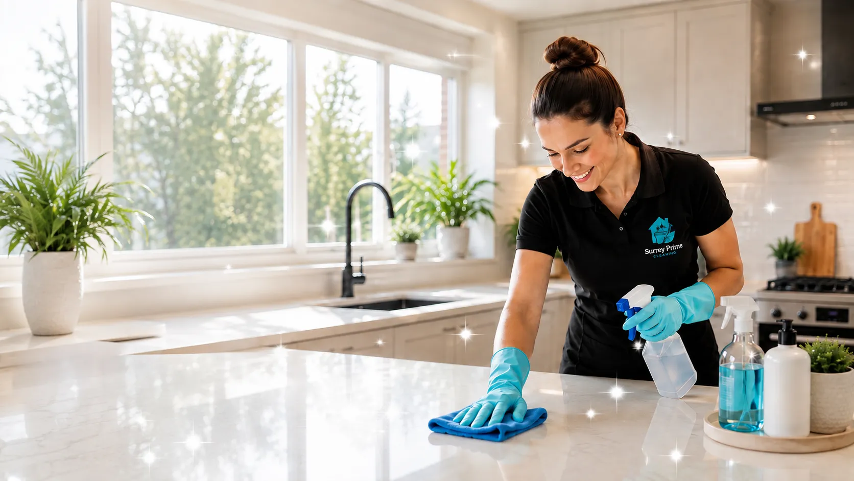 Surrey Prime Cleaning professional cleaning a kitchen worktop